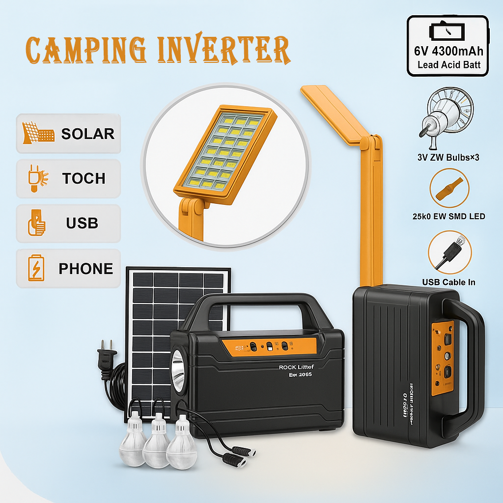 Portable Solar Inverter with 3 Individual 6 Volt LED Hanging Bulbs with 3.75 m Long Wire and AC/DC USB Socket Portable Solar Inverter with 3 Individual 6 Volt LED Hanging Bulbs with 3.75 m Long Wire and AC/DC USB Socket